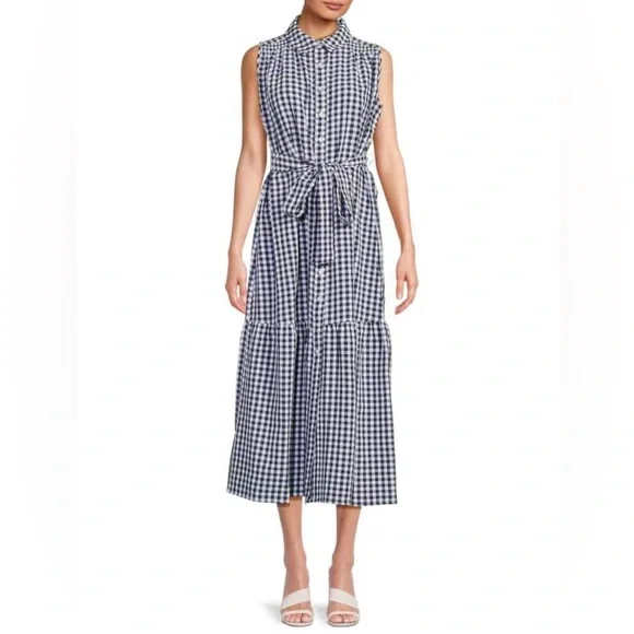 NWT Tommy Hilfiger Navy Gingham Sleeveless Belted Midi Dress, size 10 - Picture 1 of 16